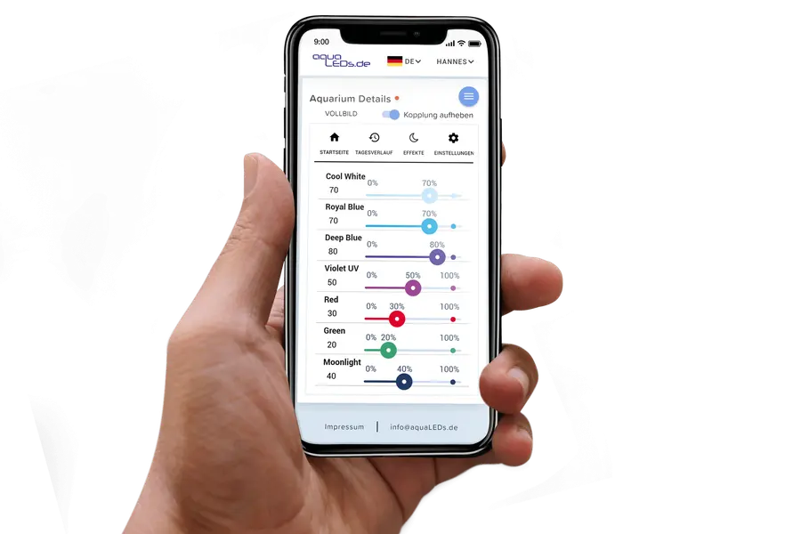 aquaLEDs-Steuerung im Smartphone-Browser mit Reglern für die Farbkanäle